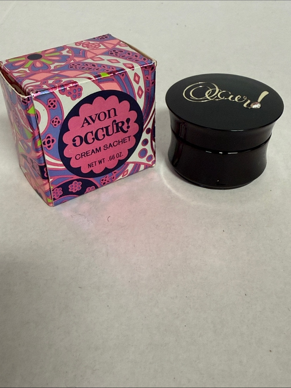 Vintage 70’s Avon Occur! Black Jar with Pink & Purple Patterned Box Retro